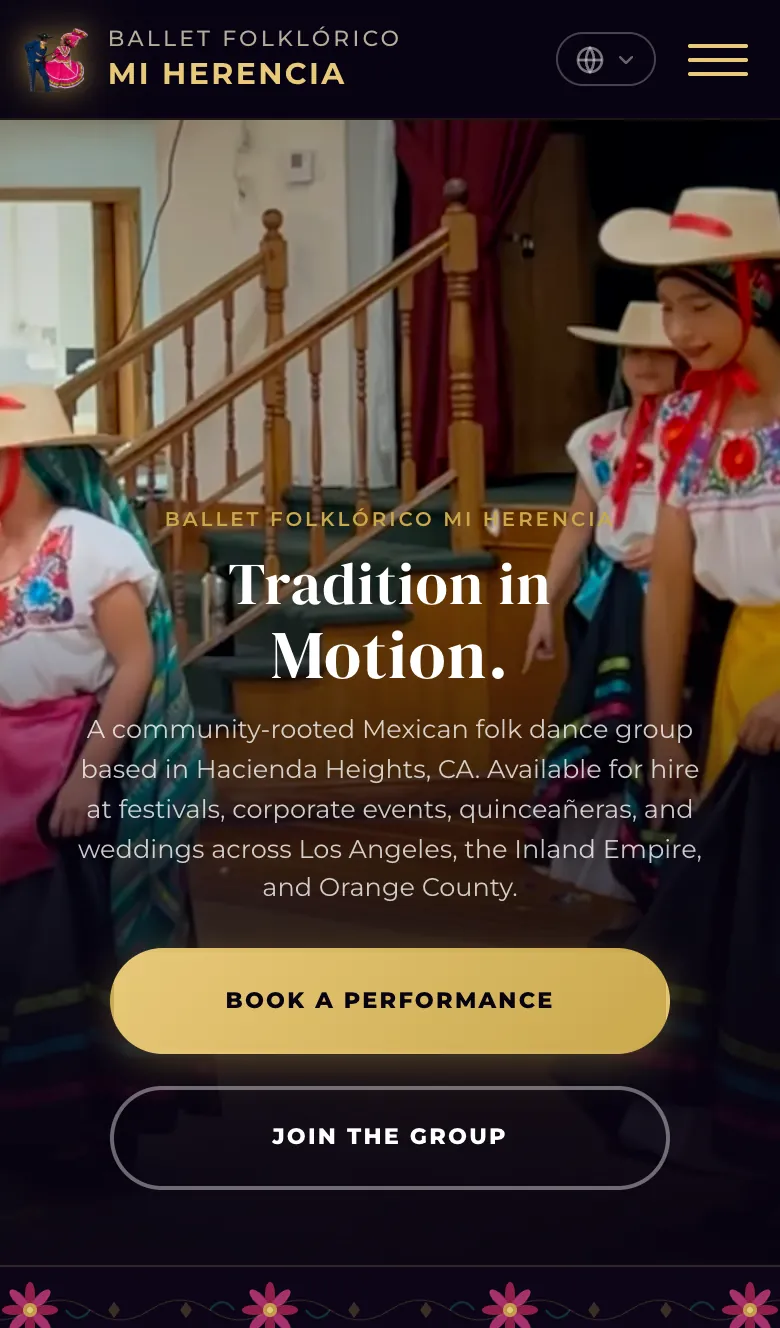 The Ballet Folklórico Mi Herencia homepage on a phone: Tradition in Motion over a hero film, with Book a Performance and Join the Group