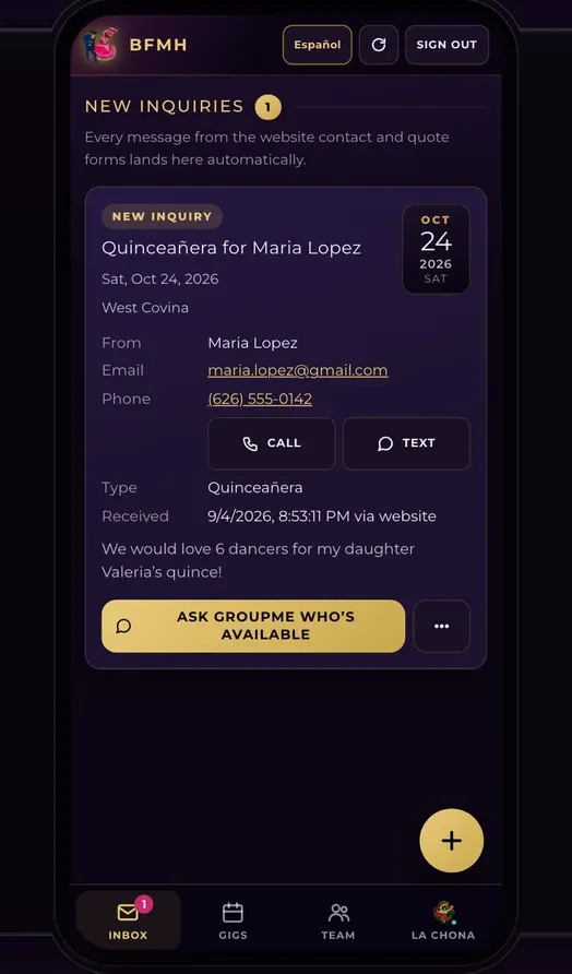 The private Event Manager app: a new quinceañera inquiry in the Inbox with an Ask GroupMe Who's Available button