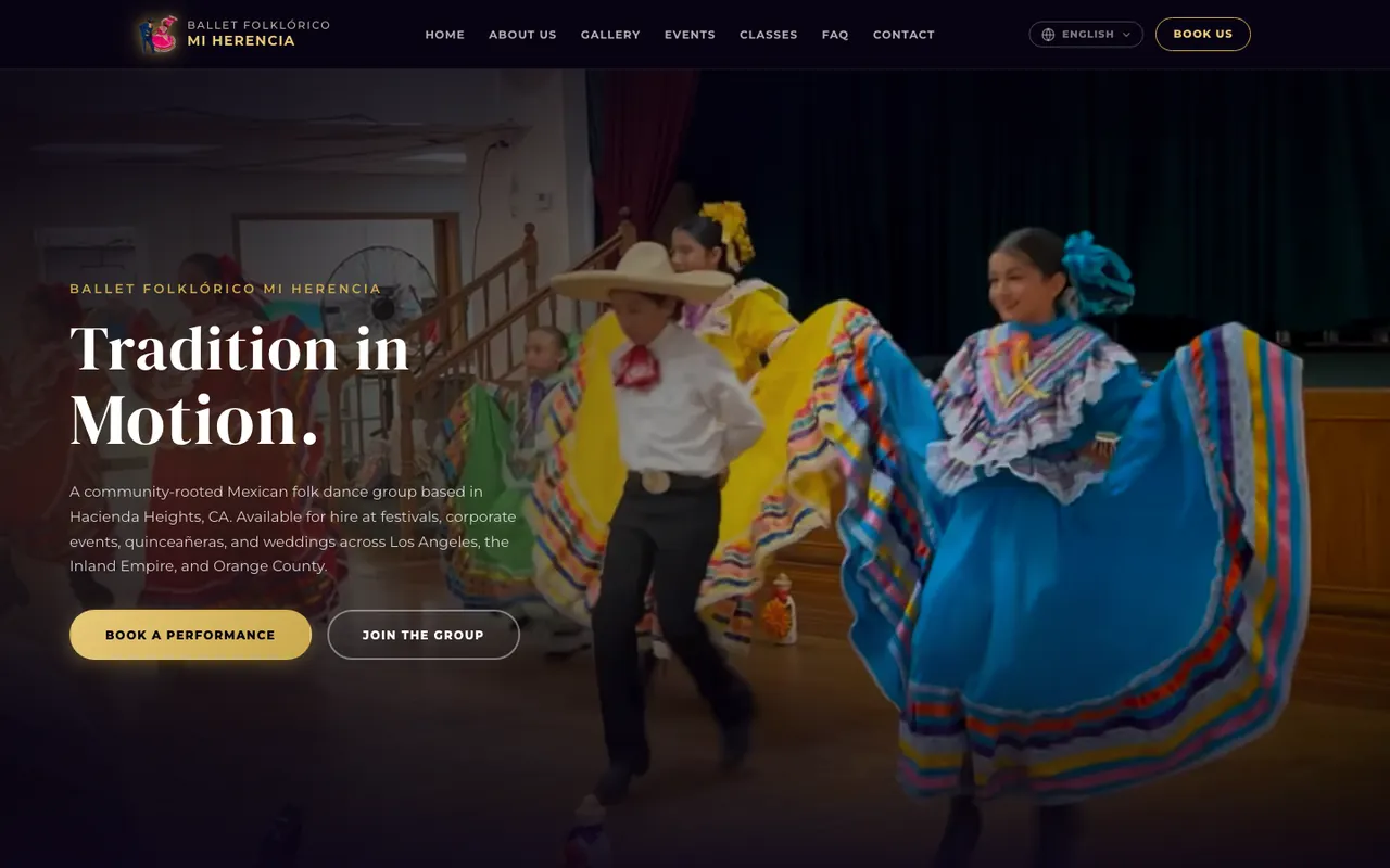 Ballet Folklórico Mi Herencia homepage: Tradition in Motion, with dancers in colorful skirts and a Book a Performance button