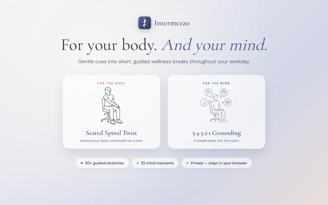Intermezzo: For your body. And your mind. A quiet reminder card offering a seated spinal twist and a grounding moment